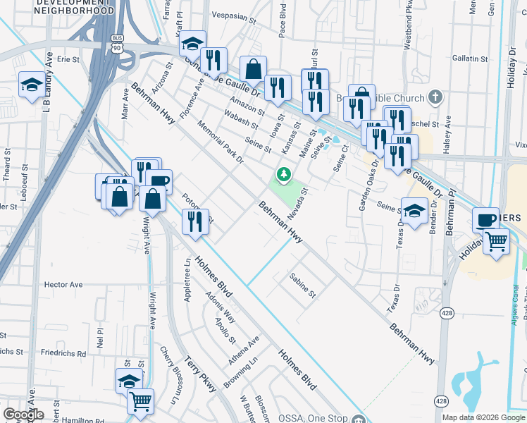 map of restaurants, bars, coffee shops, grocery stores, and more near 3003 Behrman Highway in New Orleans