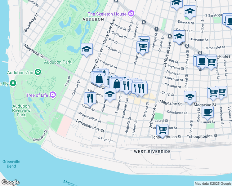 map of restaurants, bars, coffee shops, grocery stores, and more near 5940 Magazine Street in New Orleans