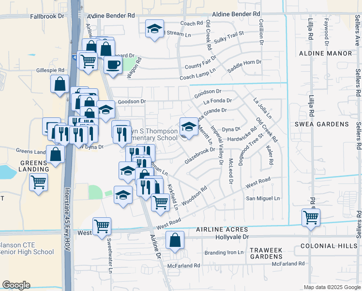map of restaurants, bars, coffee shops, grocery stores, and more near 15298 Buckle Ln in Houston