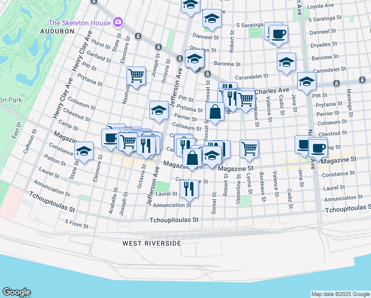 map of restaurants, bars, coffee shops, grocery stores, and more near 5301 Camp Street in New Orleans