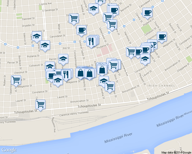 map of restaurants, bars, coffee shops, grocery stores, and more near 3713 Magazine Street in New Orleans