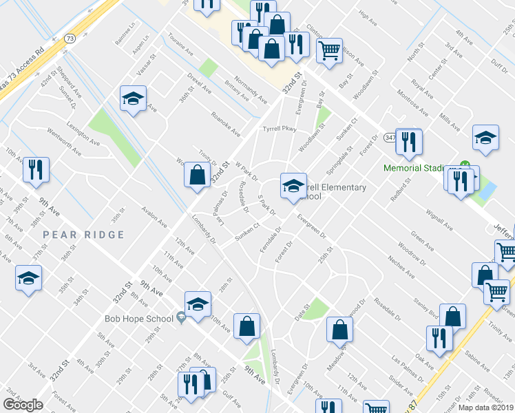 map of restaurants, bars, coffee shops, grocery stores, and more near 4344 Ashland Drive in Port Arthur