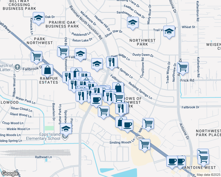 map of restaurants, bars, coffee shops, grocery stores, and more near 7015 Lower Arrow Drive in Houston
