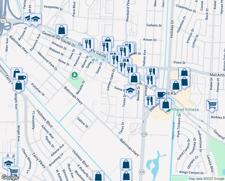 map of restaurants, bars, coffee shops, grocery stores, and more near 3300 Garden Oaks Drive in New Orleans