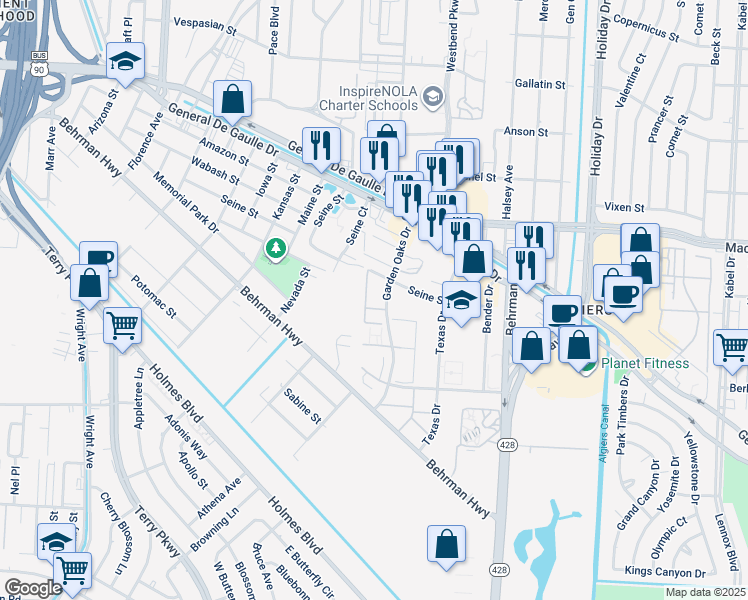 map of restaurants, bars, coffee shops, grocery stores, and more near 3300 Garden Oaks Drive in New Orleans