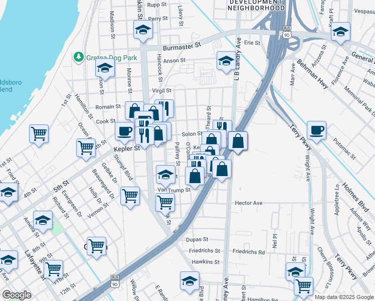 map of restaurants, bars, coffee shops, grocery stores, and more near 1022 Kepler Street in Gretna