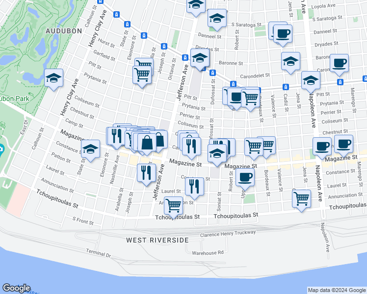 map of restaurants, bars, coffee shops, grocery stores, and more near 5355 Camp Street in New Orleans