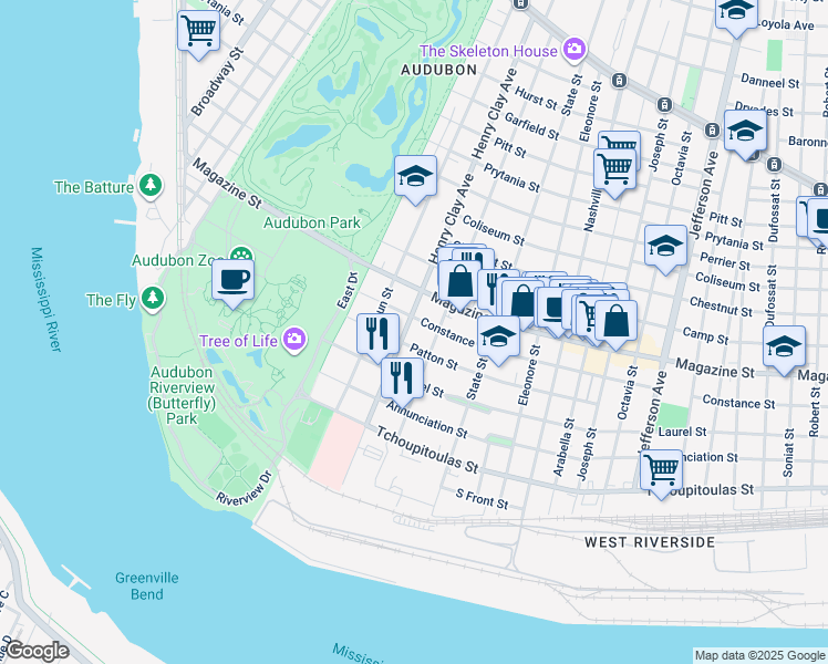 map of restaurants, bars, coffee shops, grocery stores, and more near 631 Henry Clay Avenue in New Orleans