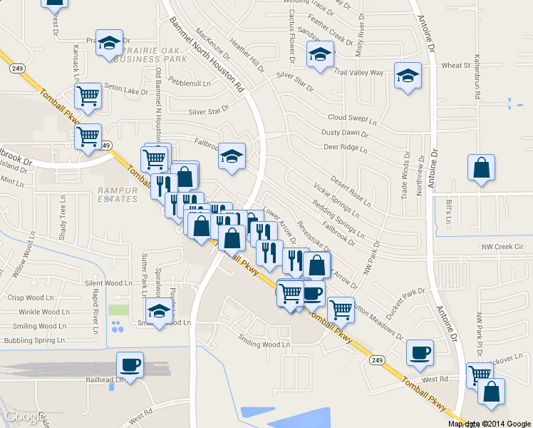 map of restaurants, bars, coffee shops, grocery stores, and more near 7015 Lower Arrow Drive in Houston