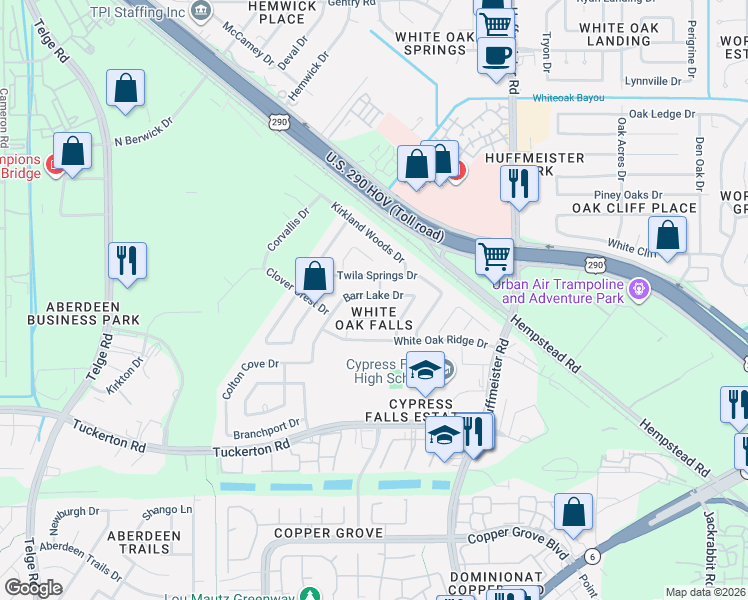 map of restaurants, bars, coffee shops, grocery stores, and more near 10107 Barr Lake Drive in Houston