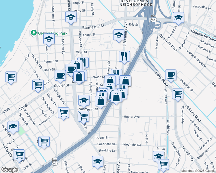 map of restaurants, bars, coffee shops, grocery stores, and more near 1704 Pratt Street in Gretna