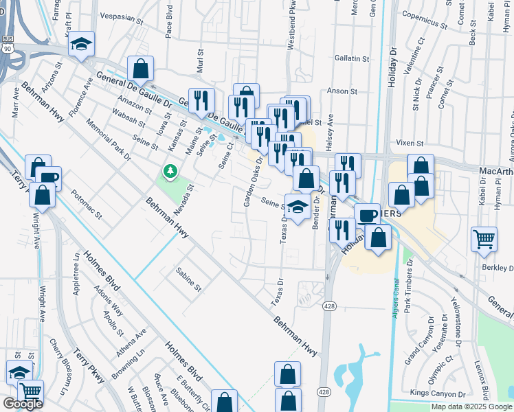 map of restaurants, bars, coffee shops, grocery stores, and more near 3300 Garden Oaks Drive in New Orleans