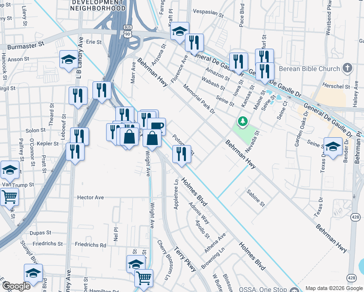 map of restaurants, bars, coffee shops, grocery stores, and more near 2841 Potomac Street in New Orleans