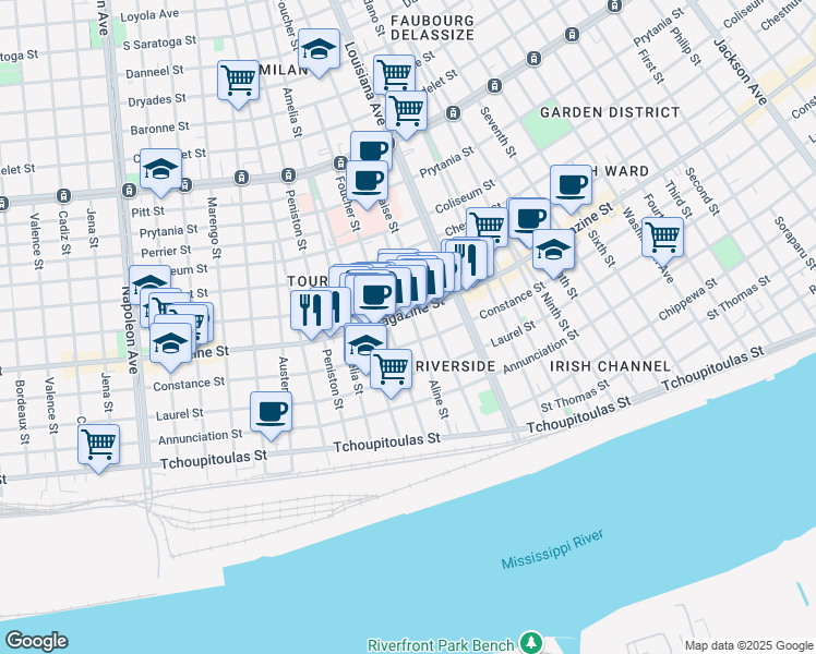 map of restaurants, bars, coffee shops, grocery stores, and more near 1022 Aline Street in New Orleans
