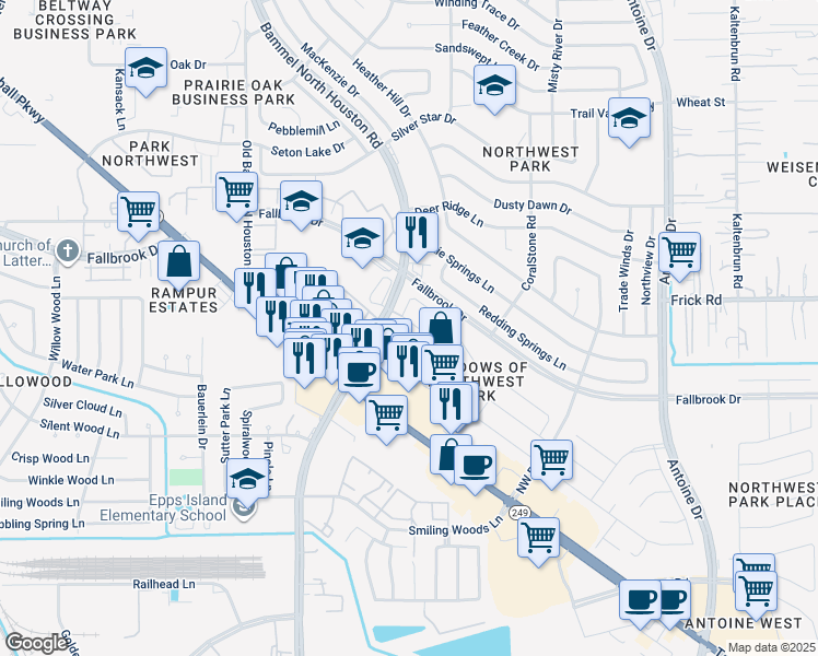 map of restaurants, bars, coffee shops, grocery stores, and more near 7015 Lower Arrow Drive in Houston