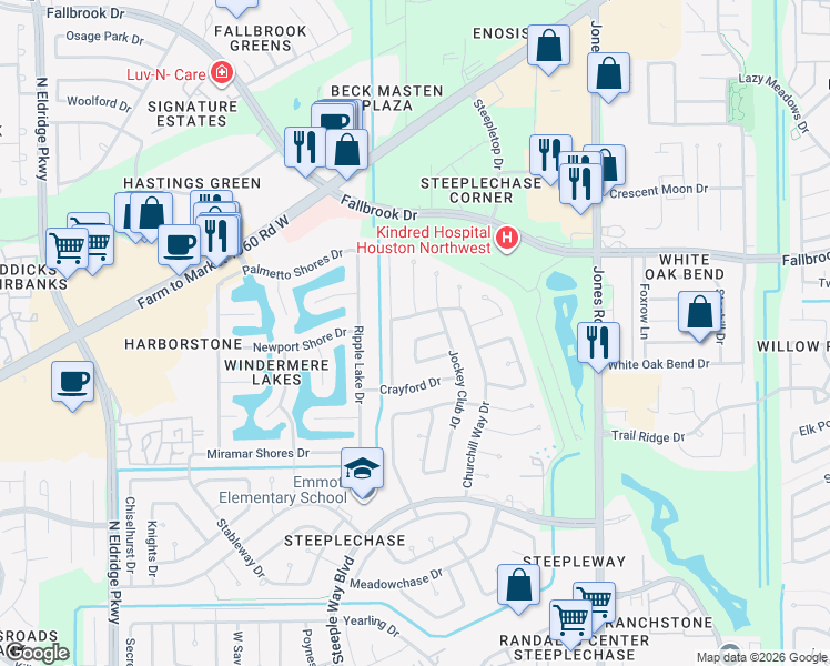 map of restaurants, bars, coffee shops, grocery stores, and more near 11418 High Bridge Court in Houston