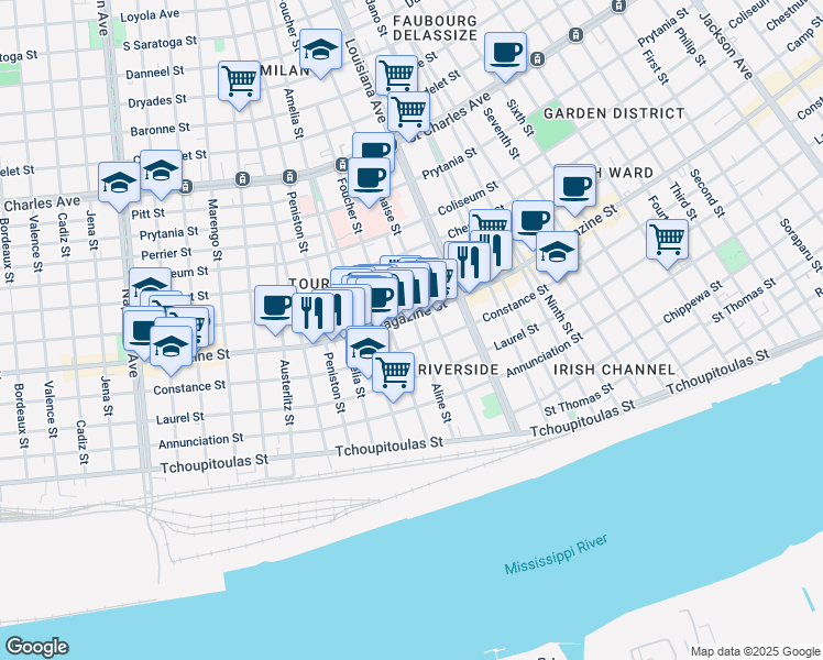 map of restaurants, bars, coffee shops, grocery stores, and more near 1022 Aline Street in New Orleans