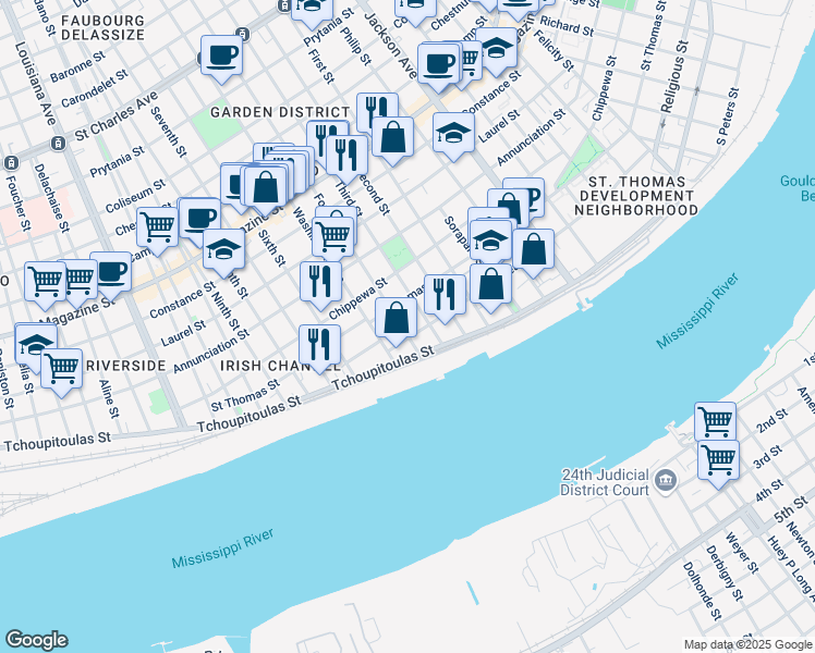 map of restaurants, bars, coffee shops, grocery stores, and more near 513 Fourth Street in New Orleans