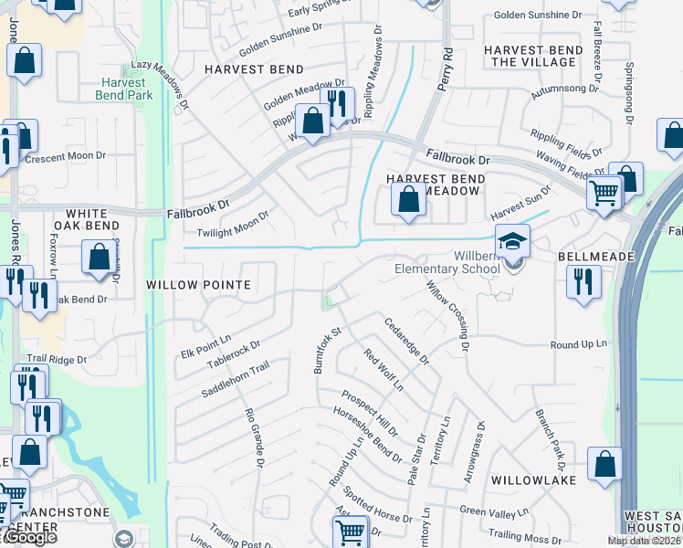 map of restaurants, bars, coffee shops, grocery stores, and more near 9910 Willow Crossing Drive in Houston