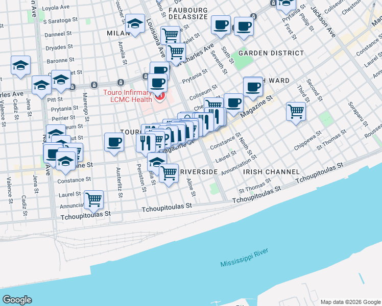 map of restaurants, bars, coffee shops, grocery stores, and more near in New Orleans