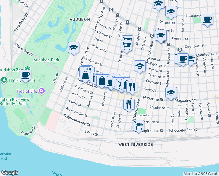 map of restaurants, bars, coffee shops, grocery stores, and more near 811 Eleonore Street in New Orleans