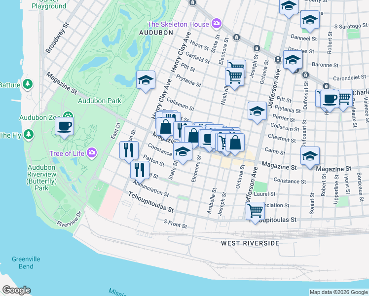 map of restaurants, bars, coffee shops, grocery stores, and more near 731 State Street in New Orleans