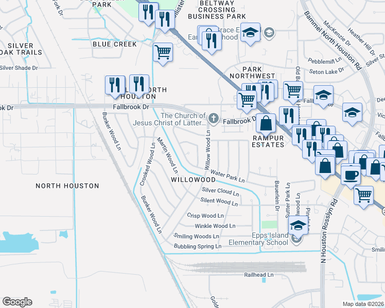 map of restaurants, bars, coffee shops, grocery stores, and more near 9711 Whitepost Lane in Houston