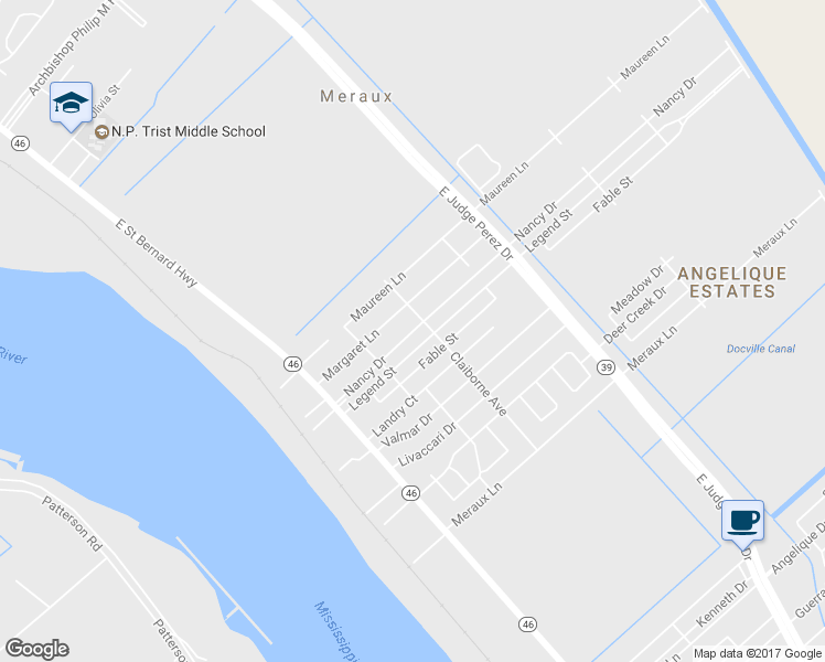 map of restaurants, bars, coffee shops, grocery stores, and more near 2208 Nancy Drive in Meraux