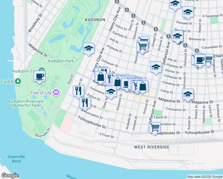 map of restaurants, bars, coffee shops, grocery stores, and more near 731 State Street in New Orleans