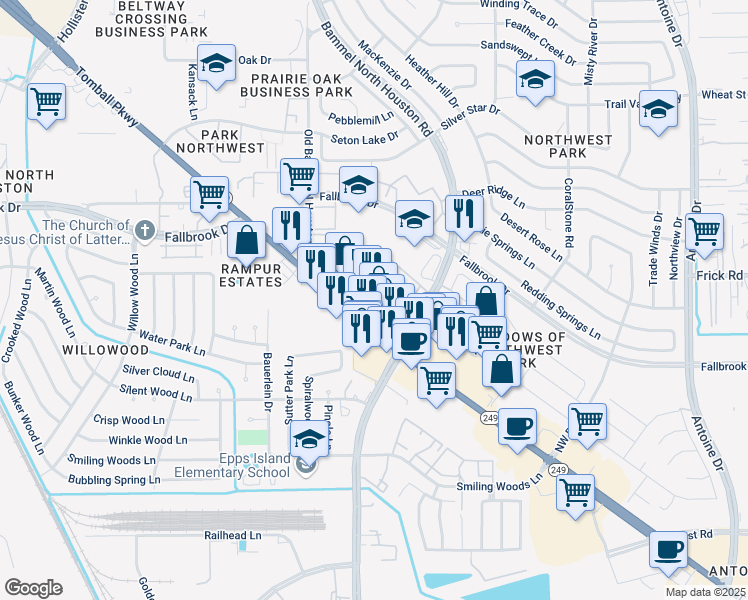 map of restaurants, bars, coffee shops, grocery stores, and more near 13726 Texas 249 in Houston