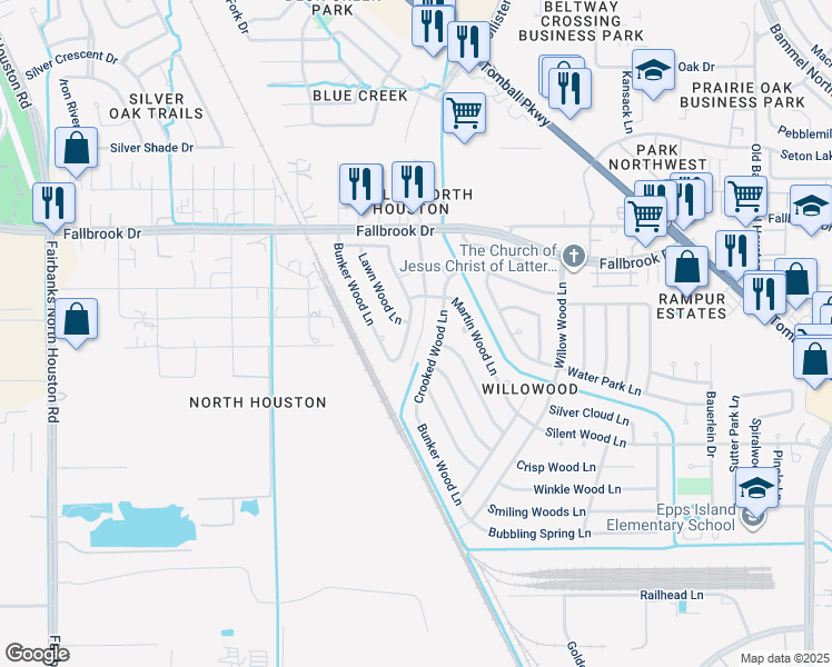 map of restaurants, bars, coffee shops, grocery stores, and more near 9534 Rumbling Wood Lane in Houston