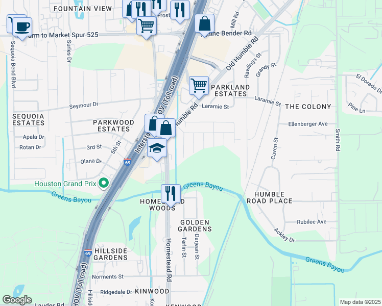 map of restaurants, bars, coffee shops, grocery stores, and more near 13923 Nueces Garden Drive in Humble