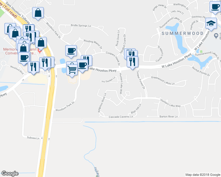 map of restaurants, bars, coffee shops, grocery stores, and more near 13015 Teaberry Hill in Houston