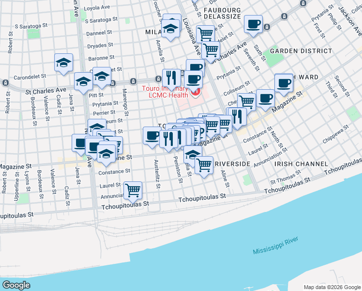 map of restaurants, bars, coffee shops, grocery stores, and more near 3645 Magazine Street in New Orleans