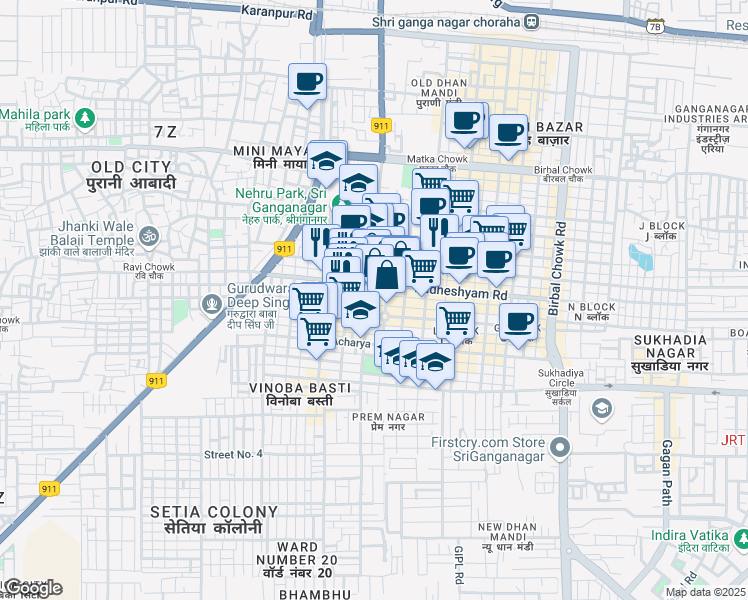 map of restaurants, bars, coffee shops, grocery stores, and more near Payal Cinema Main Road in Sri Ganganagar
