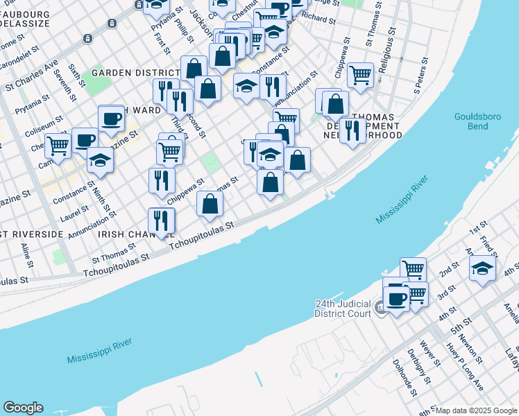 map of restaurants, bars, coffee shops, grocery stores, and more near 2401 Tchoupitoulas Street in New Orleans