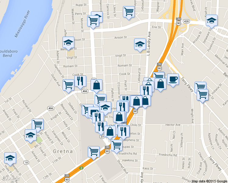 map of restaurants, bars, coffee shops, grocery stores, and more near 1022 Kepler Street in Gretna