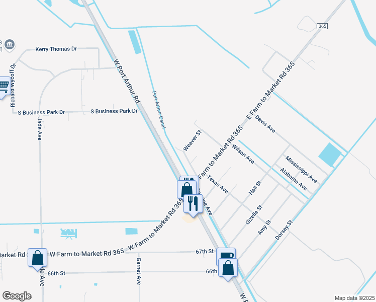 map of restaurants, bars, coffee shops, grocery stores, and more near 420 Weaver Street in Port Arthur