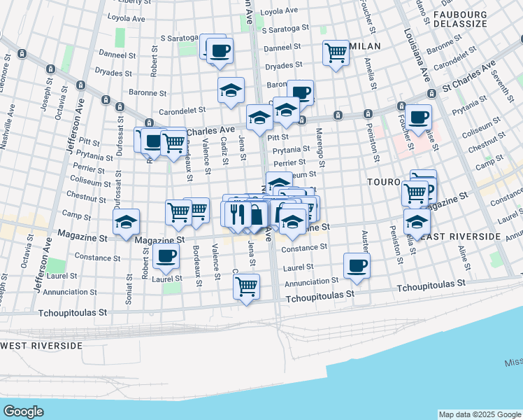 map of restaurants, bars, coffee shops, grocery stores, and more near 4401 Camp Street in New Orleans