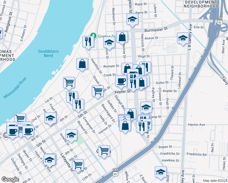 map of restaurants, bars, coffee shops, grocery stores, and more near 3 5th Street in Gretna