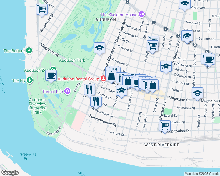 map of restaurants, bars, coffee shops, grocery stores, and more near 6057 Constance Street in New Orleans