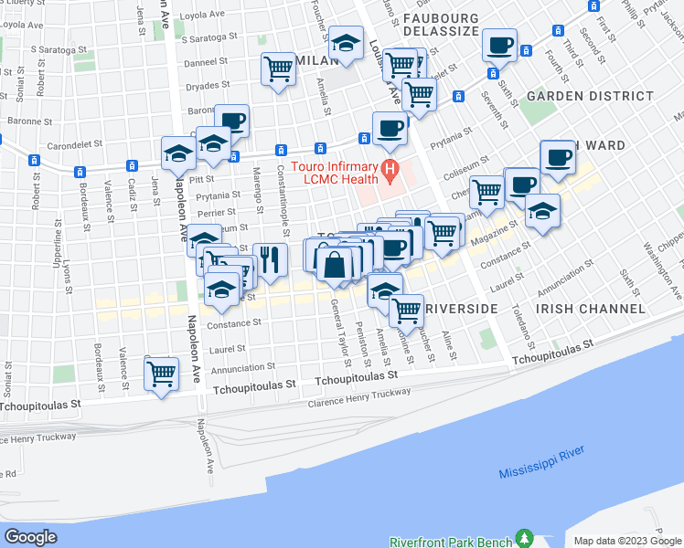 map of restaurants, bars, coffee shops, grocery stores, and more near 922 Peniston Street in New Orleans