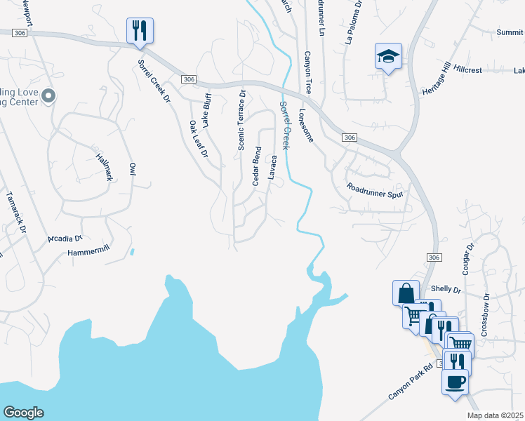map of restaurants, bars, coffee shops, grocery stores, and more near 1011 Alta Vista Lane in Canyon Lake