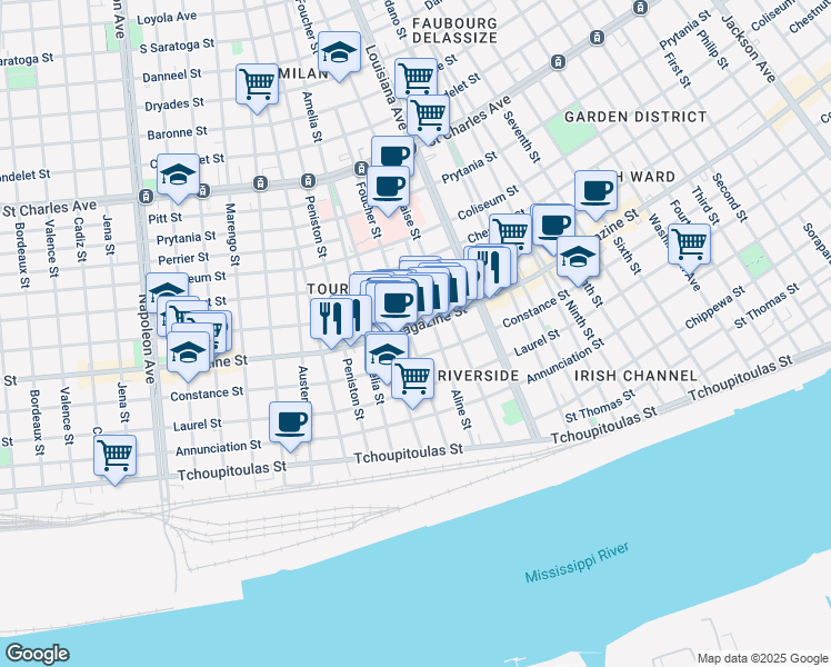 map of restaurants, bars, coffee shops, grocery stores, and more near 3524 Magazine Street in New Orleans