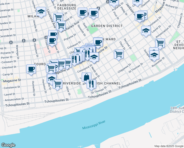map of restaurants, bars, coffee shops, grocery stores, and more near 842 Harmony St in New Orleans