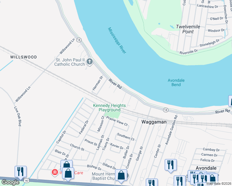 map of restaurants, bars, coffee shops, grocery stores, and more near 6533 River Road in Westwego