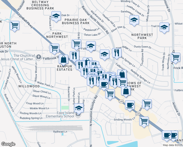 map of restaurants, bars, coffee shops, grocery stores, and more near 14004 Texas 249 in Houston