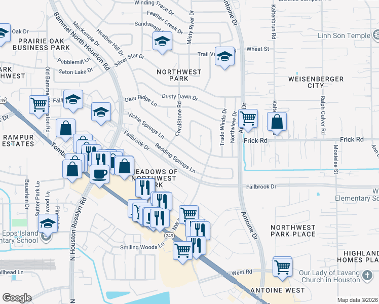 map of restaurants, bars, coffee shops, grocery stores, and more near 6627 Desert Rose Lane in Houston