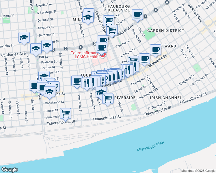 map of restaurants, bars, coffee shops, grocery stores, and more near 3530 Magazine Street in New Orleans