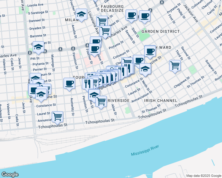 map of restaurants, bars, coffee shops, grocery stores, and more near 1018 Delachaise St in New Orleans